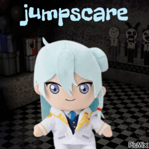 a picture of a stuffed animal with the words jumpscape written on it
