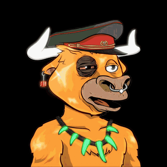 a cartoon of a bull wearing a red hat and a green necklace