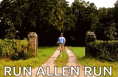 a man is running down a dirt road with the words run allen run above him