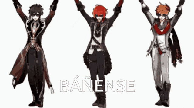 a group of anime characters are standing next to each other with the word banense in the corner .