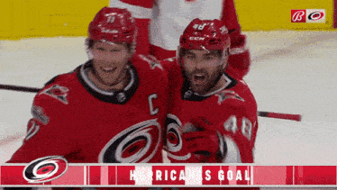 two hockey players celebrate a hurricanes goal on the ice