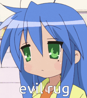 a cartoon girl with blue hair and green eyes has the word evil rug on her face