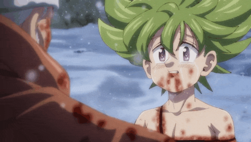 a little girl with green hair is standing next to a man with blood on his face