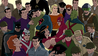 a group of cartoon characters are posing for a picture and one of them is wearing a hat that says army