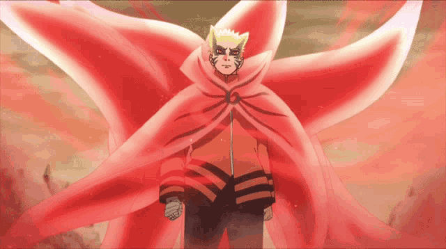 a man in a red cape stands in front of a large red flower