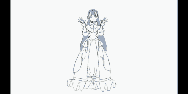 a drawing of a girl in a white dress with blue hair holding a sword .