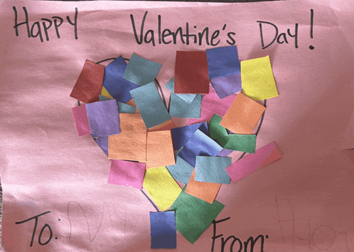 a valentine 's day card with a heart made of colored squares
