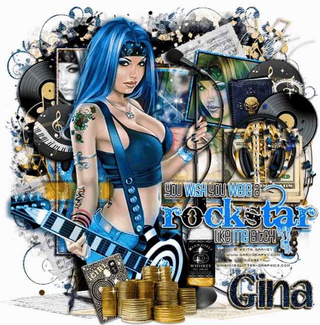 a girl with blue hair is holding a guitar with the words you wish you were a rockstar written below her