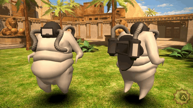 a cartoon character wearing a gas mask is standing in the grass