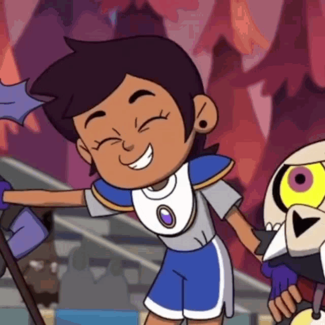 luz from the owl house is smiling while holding a bat and a sword .
