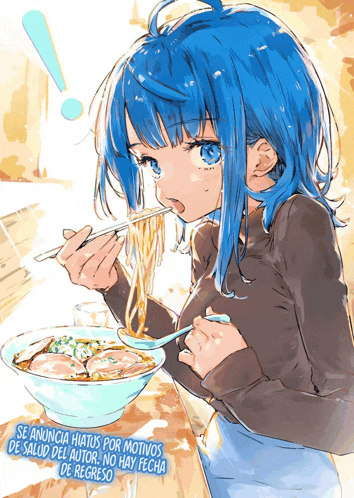 a girl with blue hair is eating a bowl of ramen with chopsticks