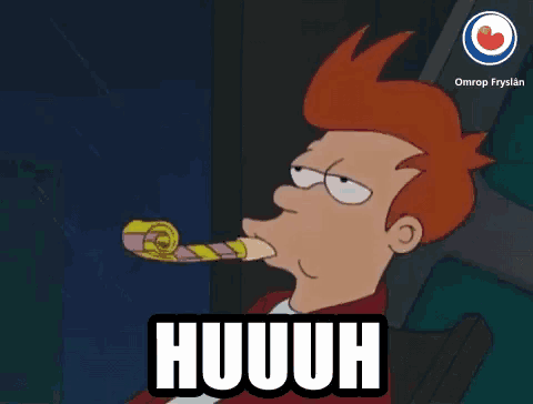 a cartoon character blowing a party horn with the word nij jier on the bottom right