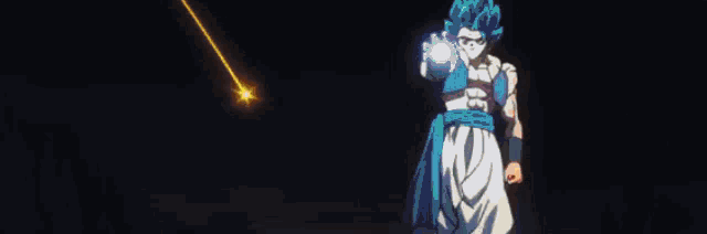 a close up of a cartoon character with blue hair and a yellow jacket