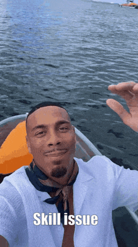 a man in a boat with the words skill issue written on the bottom