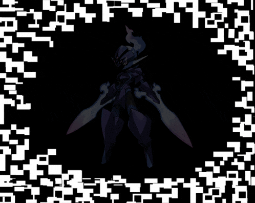a drawing of a robot with a sword in a black background with white squares