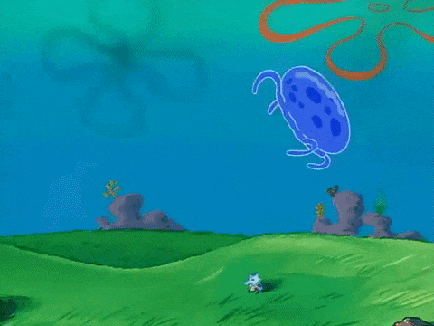 a spongebob cartoon scene with a blue jellyfish in the background