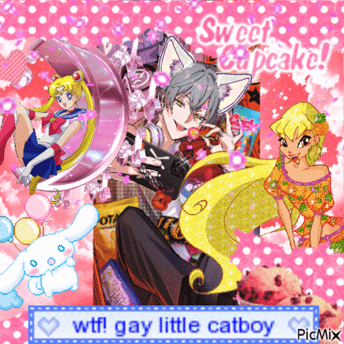 a collage of cartoon characters with the words wtf gay little catboy