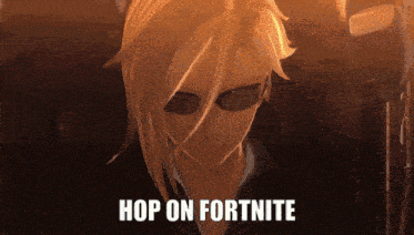 a cartoon character with the words hop on fortnite written on the bottom