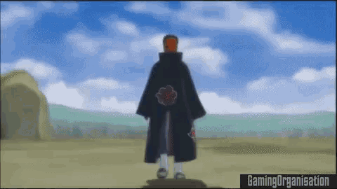 a man in a black cloak with a red flower on his back is standing in a field with a blue sky in the background .