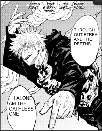 a black and white drawing of a man with a speech bubble that says `` through out etrea and the depths '' .