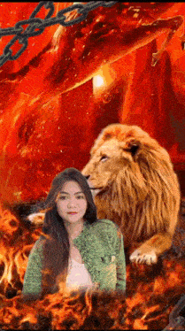 a woman is sitting next to a lion in a firey scene