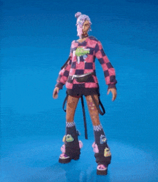 a woman in a pink and black checkered sweater is standing on a blue background .