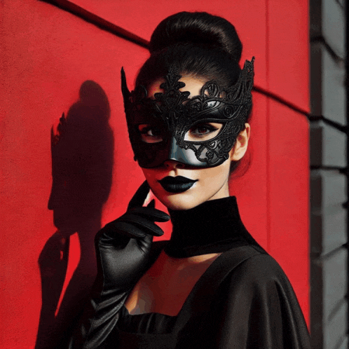a woman wearing a black mask and black gloves against a red wall
