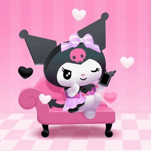 a cartoon character with a skull on her head is sitting on a pink chair holding a cell phone