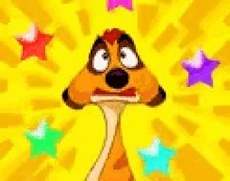 a meerkat is standing in front of a yellow background with colorful stars .