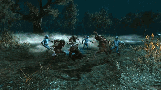 a computer generated image of a group of people in a field with trees in the background