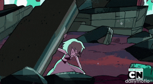 a cartoon of a girl pushing a large rock says cn dailymotion on the bottom