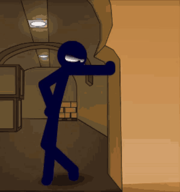 a stick figure is standing in a hallway with a brick wall