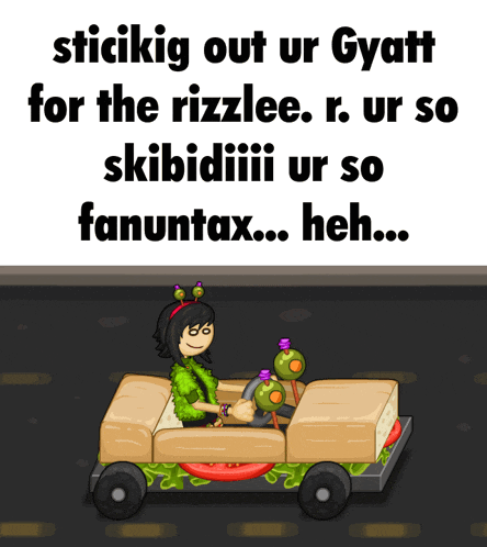 a cartoon of a girl driving a sandwich car with the words " stickig out ur gyatt for the ritzlee "
