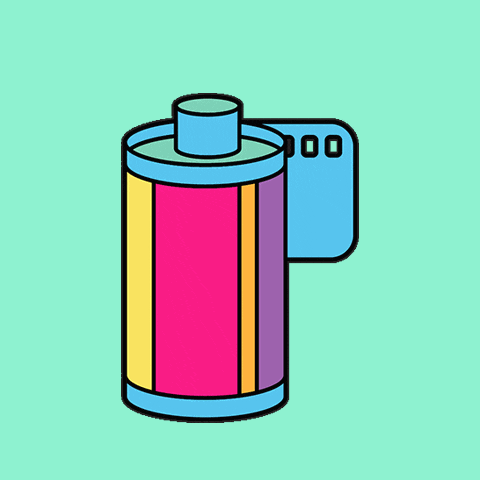 a cartoon drawing of a colorful camera roll on a green background