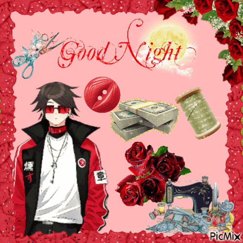 a picture of a man surrounded by red roses and a good night message