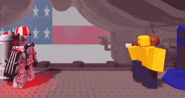 a yellow roblox character is standing in front of a red white and blue flag