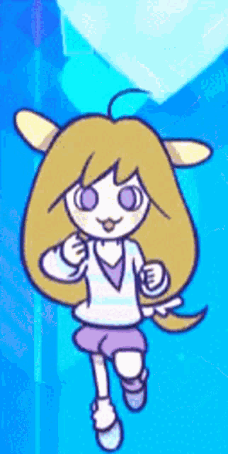 a cartoon girl with long blonde hair and purple eyes is running .