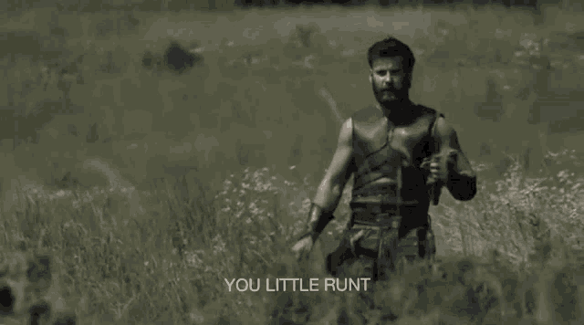 a man with a beard is standing in a field with the words " you little runt " on the bottom