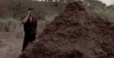 a man is standing in front of a pile of dirt and says `` that is one big pile of shit . ''