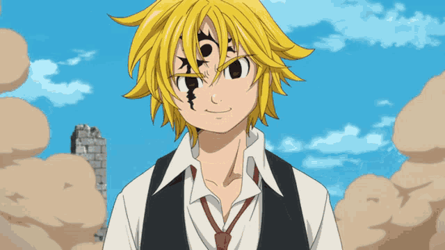 a cartoon character with yellow hair has a black circle on his face