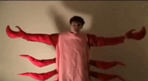 a man in a lobster costume is standing in front of a white wall .