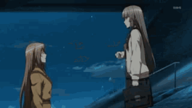 two anime girls are standing next to each other in front of a blue sky .