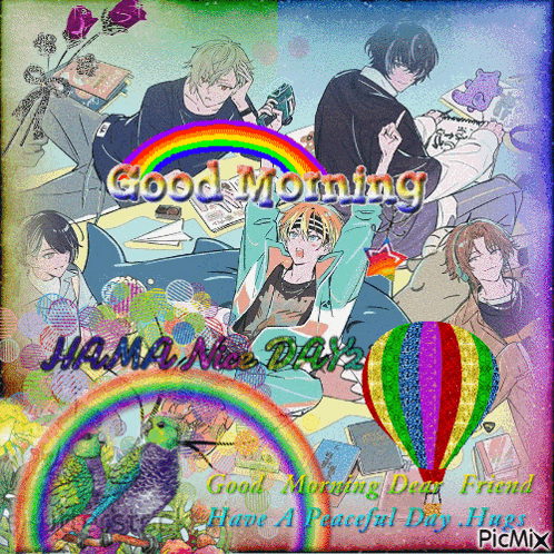 a good morning greeting with a rainbow and a bird