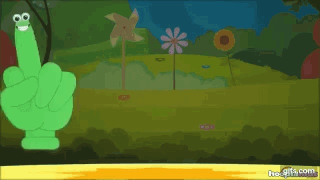 a cartoon drawing of a green finger pointing at flowers