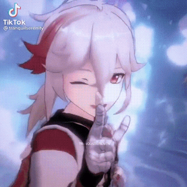 a girl with white hair and red eyes is making a shhh sign with her finger .