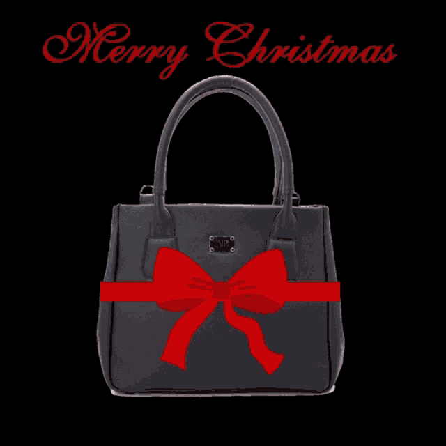 a black purse with a red bow and the words merry christmas on the bottom