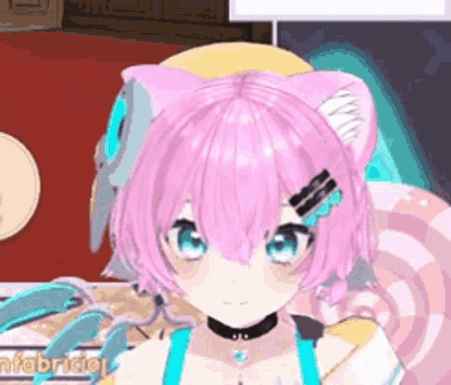 a girl with pink hair and blue eyes is wearing a choker and a cat ear headband .