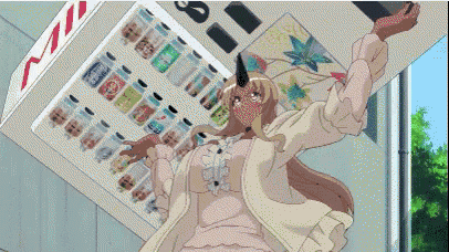 a girl in a pink dress is standing in front of a vending machine with bottles of soda in it
