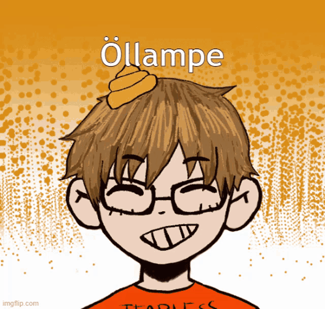 a drawing of a boy with glasses and a poop on his head with the word ollampe above it