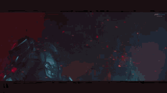 a dark red background with a few lines of light